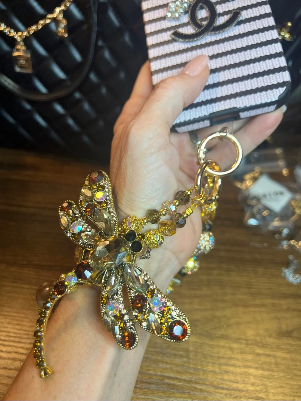 Phone Crystal Bee Charm Beaded Wristlet - Gold and Champagne